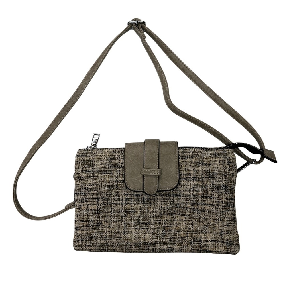 Coco + Carmen Crossbody Bag Tan Tweed Faux Leather Flap Multi Pocket Small